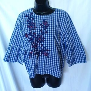 a.moon Embroidered Gingham 3/4 Sleeve Blouse